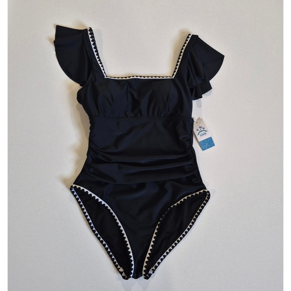 Sunshine  One Piece Tummy Control‎ Swimsuit Black Rickrack Ruffle Sleeve Ruching
